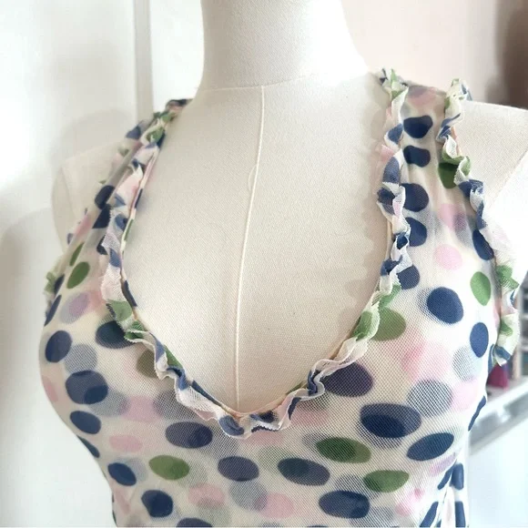 Y2K blue, green, pink and white mesh polka dot tank top with ruffles - Picture 4 of 7